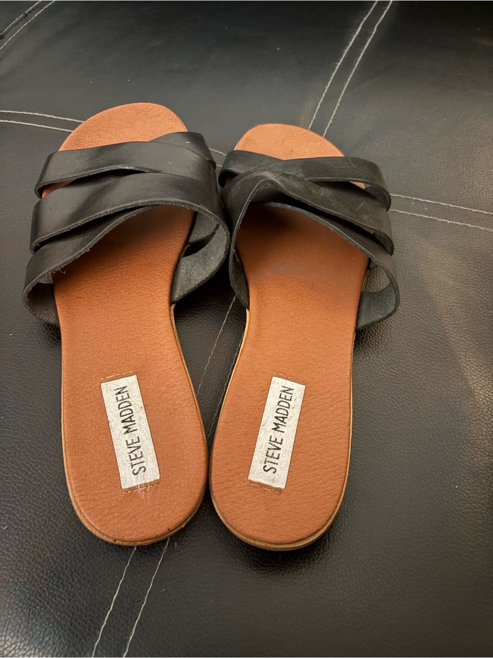 Steve Madden Black and Brown Slip-On Cross-Strap Sandals